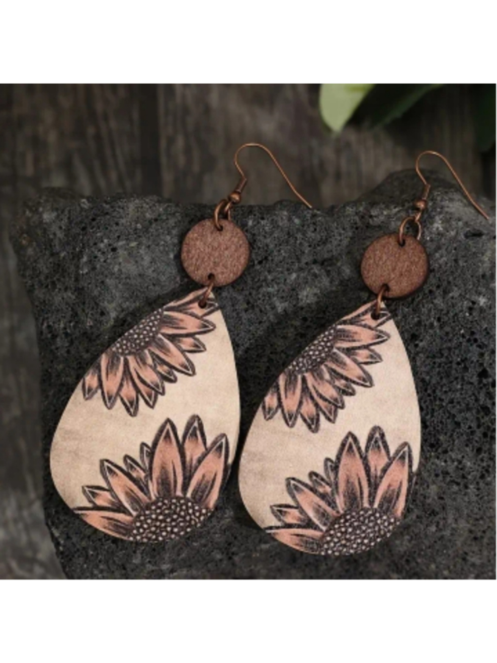 Bohemian Wooden Sunflower Droplet shaped earrings
